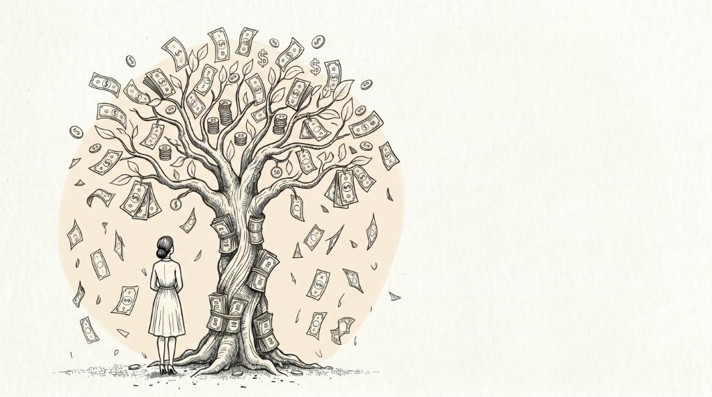 Illustration of a woman standing at the base of a tree whose branches bear dollar bills